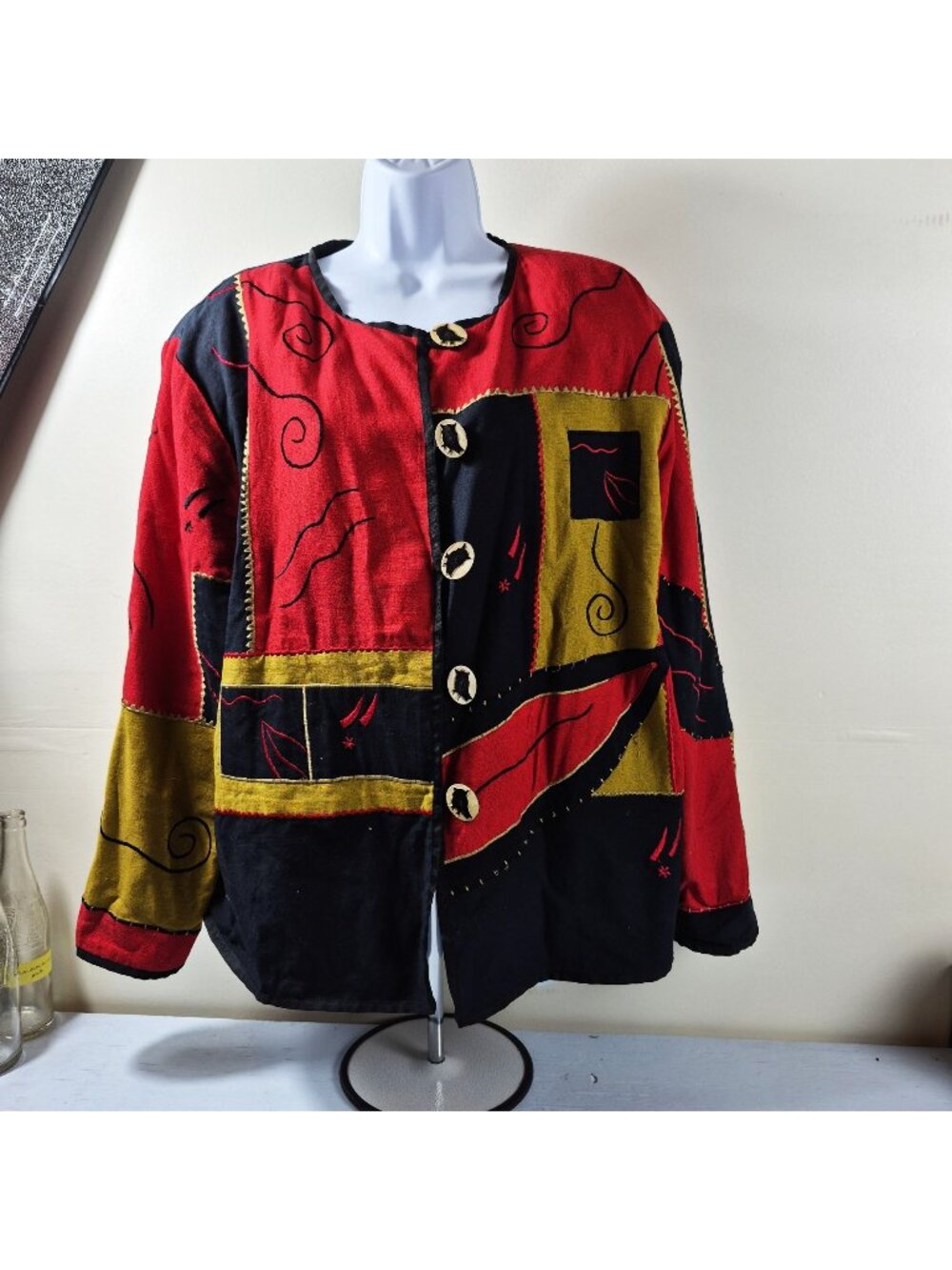 Allure Women 1X Art to wear Patchwork Jacket Embroidered Boho Owl Buttons